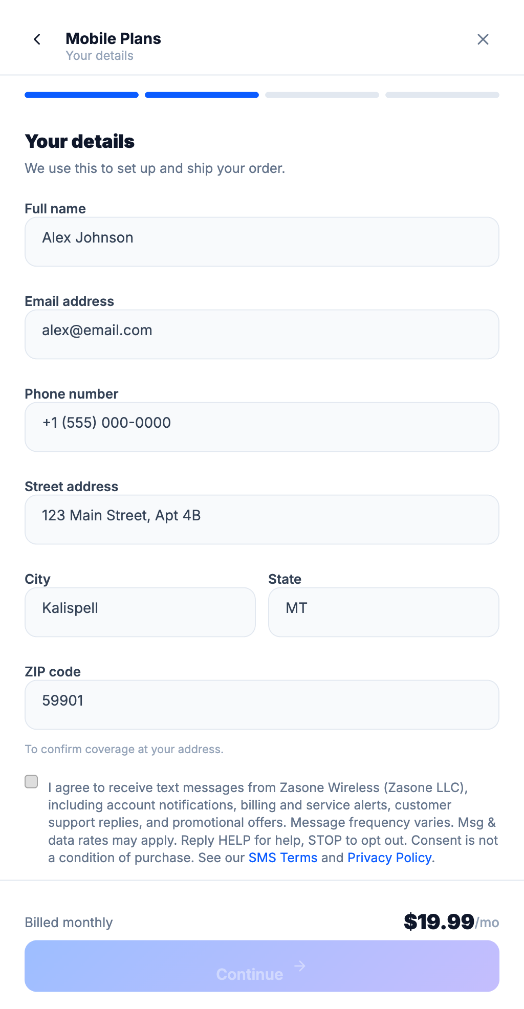Screenshot of the Zasone Wireless checkout form showing the SMS consent checkbox, unchecked by default, with the full opt-in disclosure text